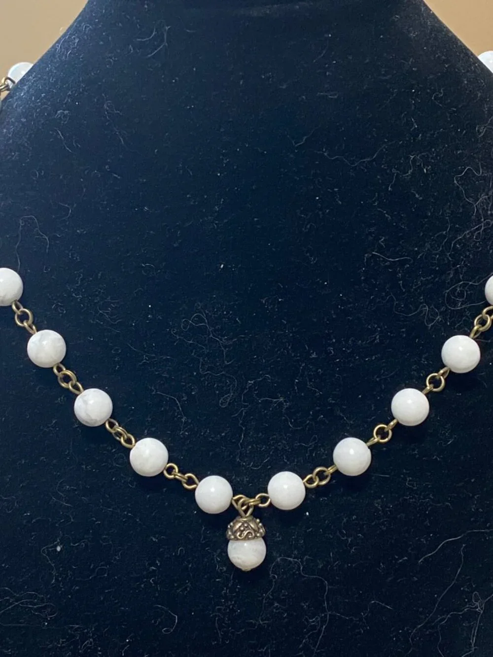 Genuine White Magnesite Short Necklace, Natural Gemstone & Bronze Acorn Pendant - Picture 3 of 13